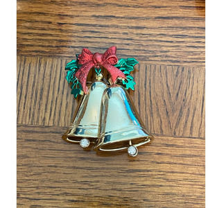 Vintage goldtone Christmas bell with rhinestone charm Christmas pin plays music!